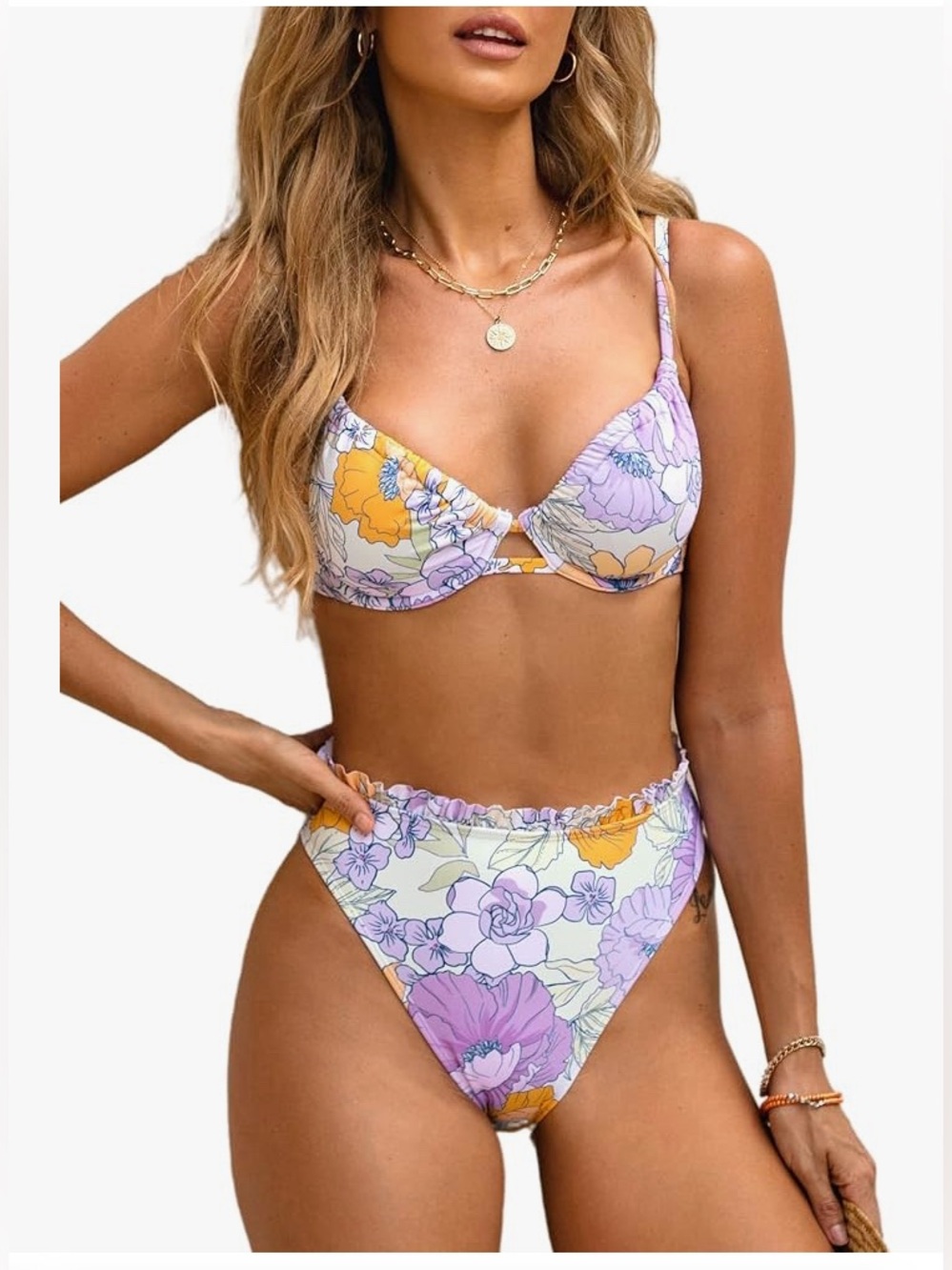 Cupshe: Floral Print High-Waist Bikini Top& Bottom Lavender & Yellow